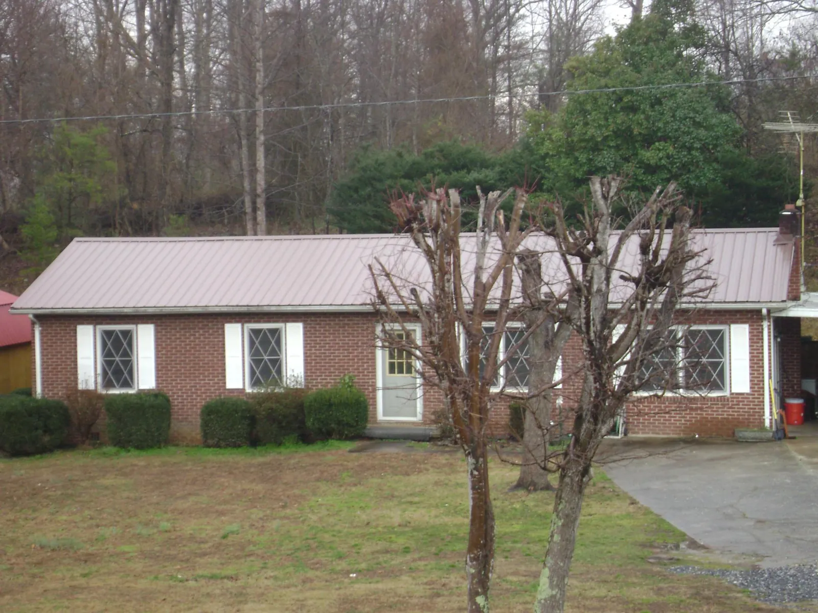 Mauve metal roof on a brick ranch home behind bare trees in Brownsville